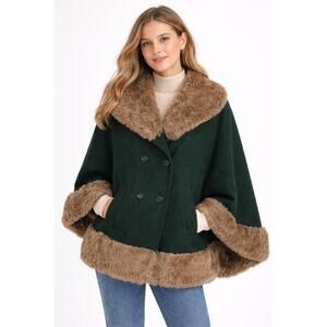 Vintage Forest Green Faux Fur Trim Cape Shawl Coat Boho Winter Wrap